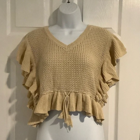 ELAN Womens 100% Cotton Tan Open Knit Boho Ruffled Cropped Neutral Spring Top L - Picture 1 of 8